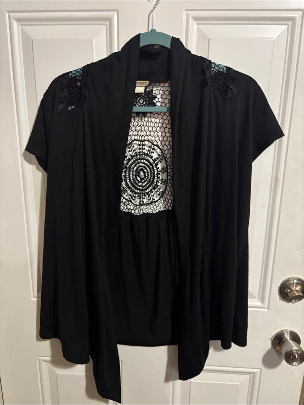 Black Open-Front Women's Cardigan with Crochet Back
